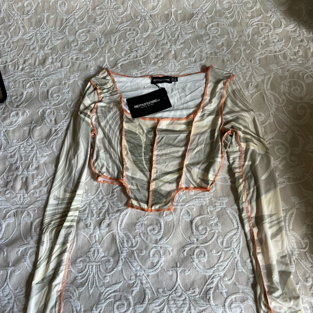 Mesh Forest Print Long Sleeve Crop Top